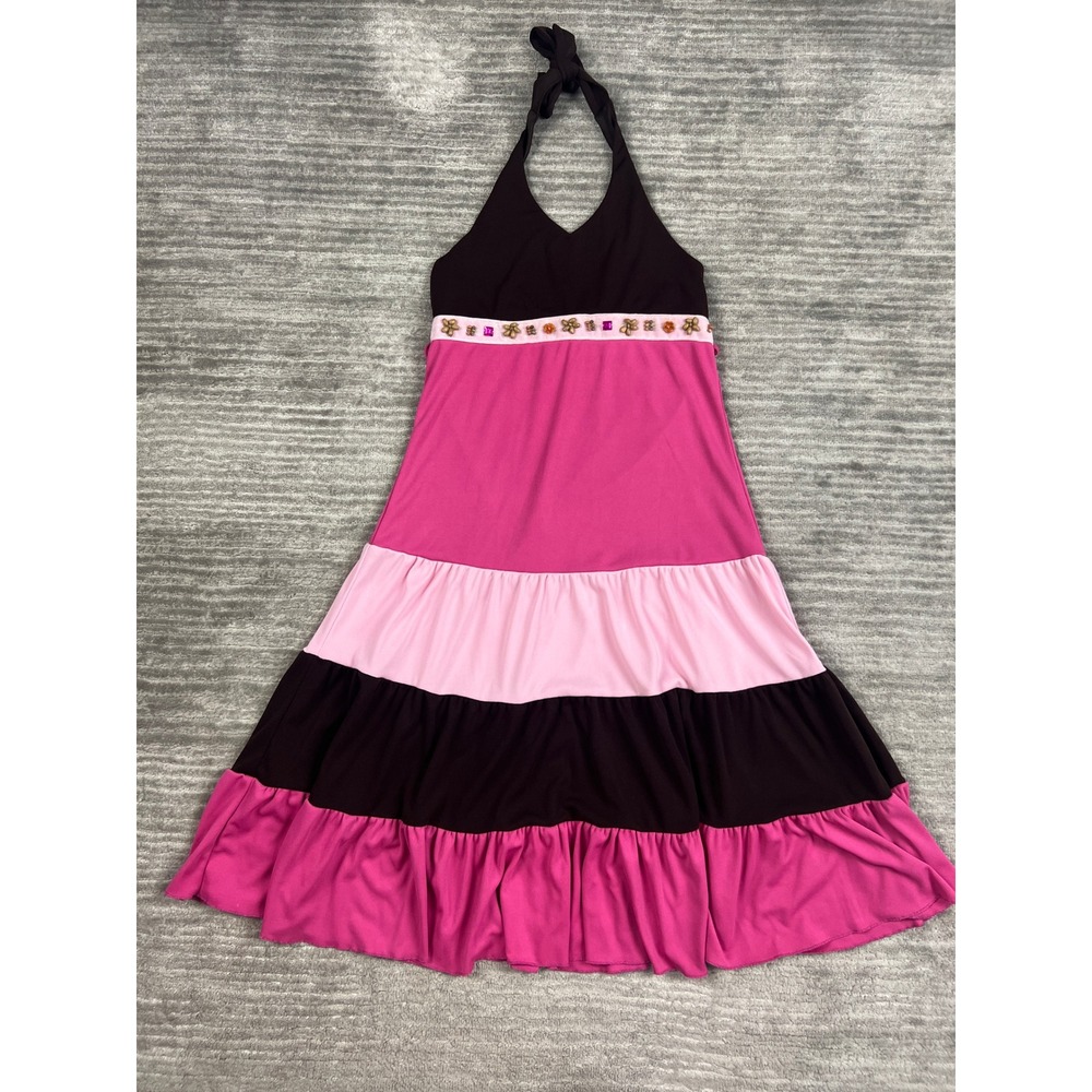Limited Too Maxi Dress Girls 12 Pink Brown Colorblock Halter Beaded Y2K Boho